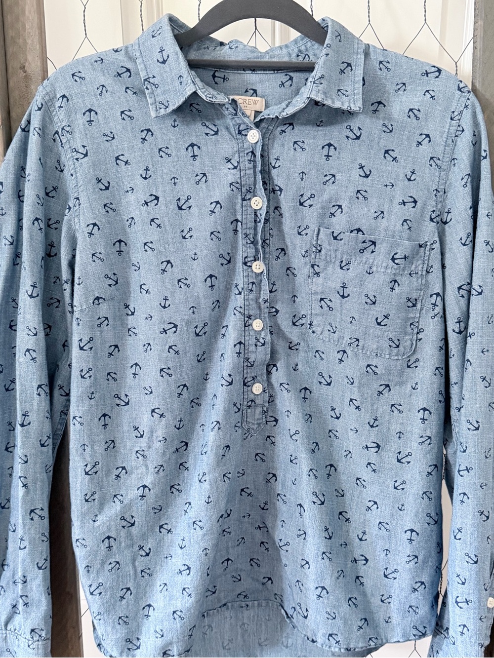 J.Crew Anchor Print Chambray Button Front Shirt Women’s Medium Coastal Nautical